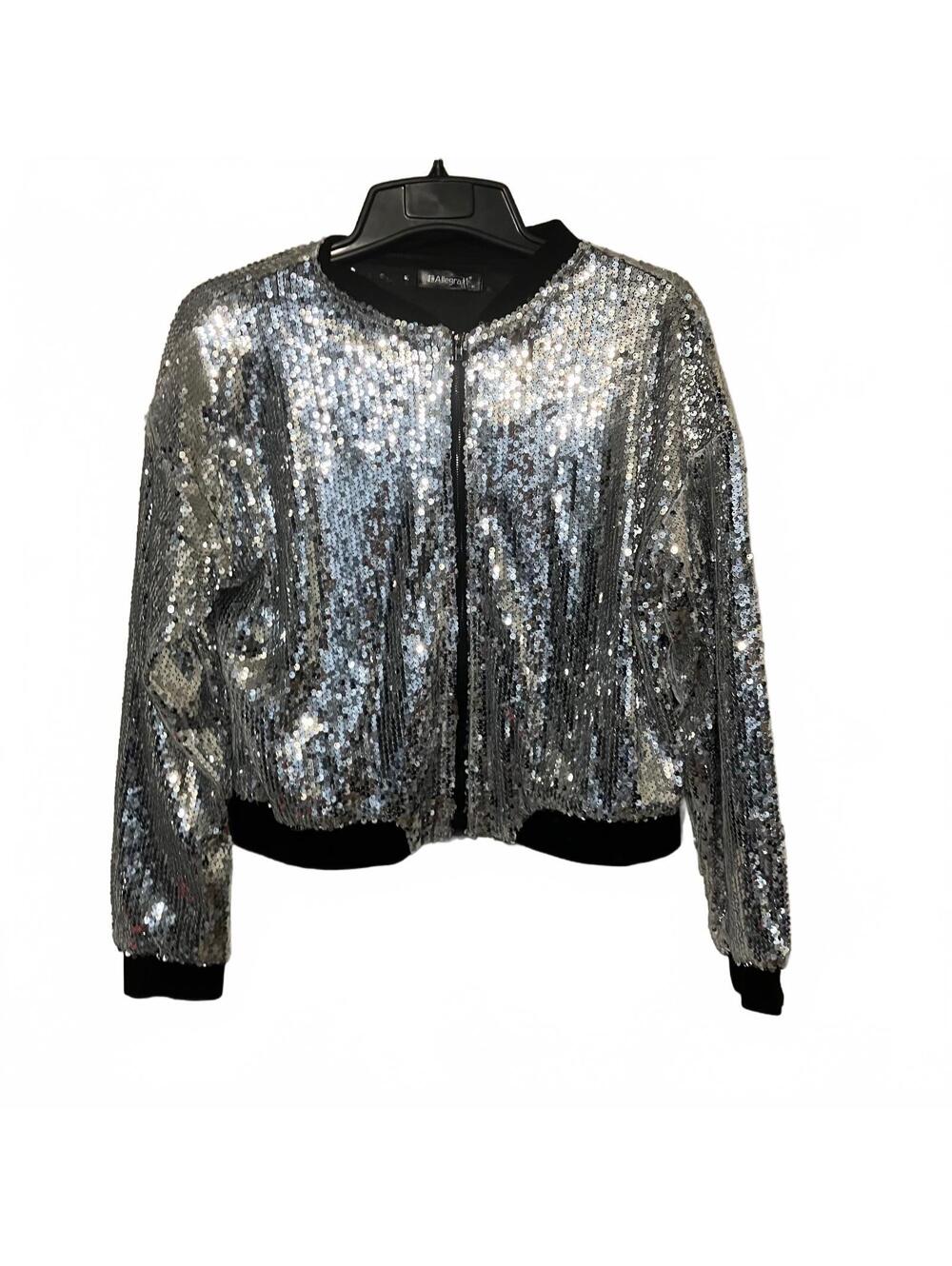 Allegra K Glam 2010's Y2K McBling Silver Sequin Bomber Jacket Women's Medium-New